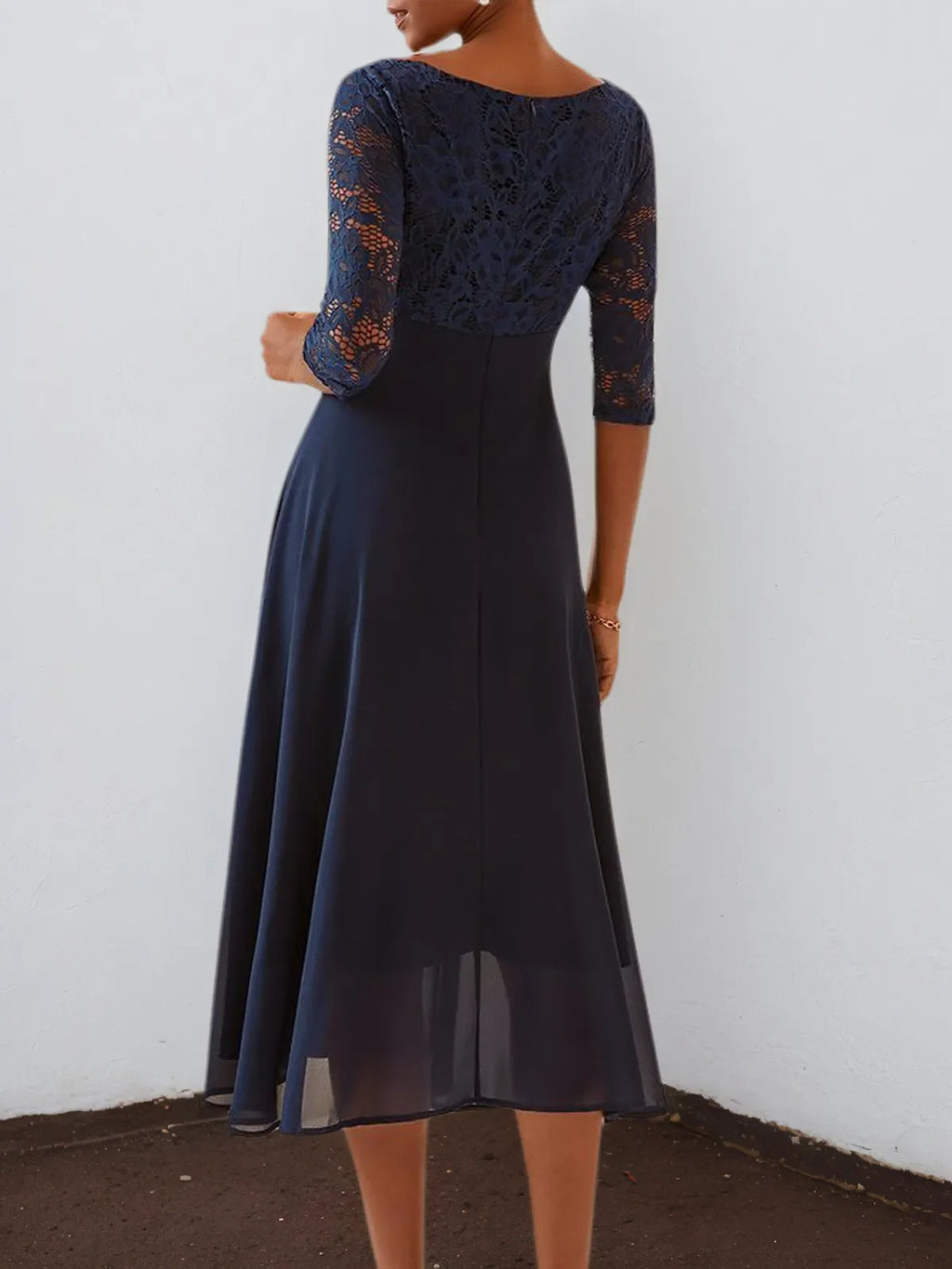 Bläulich-lila Spitzen-Chiffon Kleid mit Rundhalsausschnitt, halben Ärmeln, A-Linie, Midi-Länge