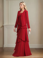 Chiffon-Kleid mit quadratischem Ausschnitt, ärmellos, bodenlang, plissiert, Brautmutterkleid mit Jacke