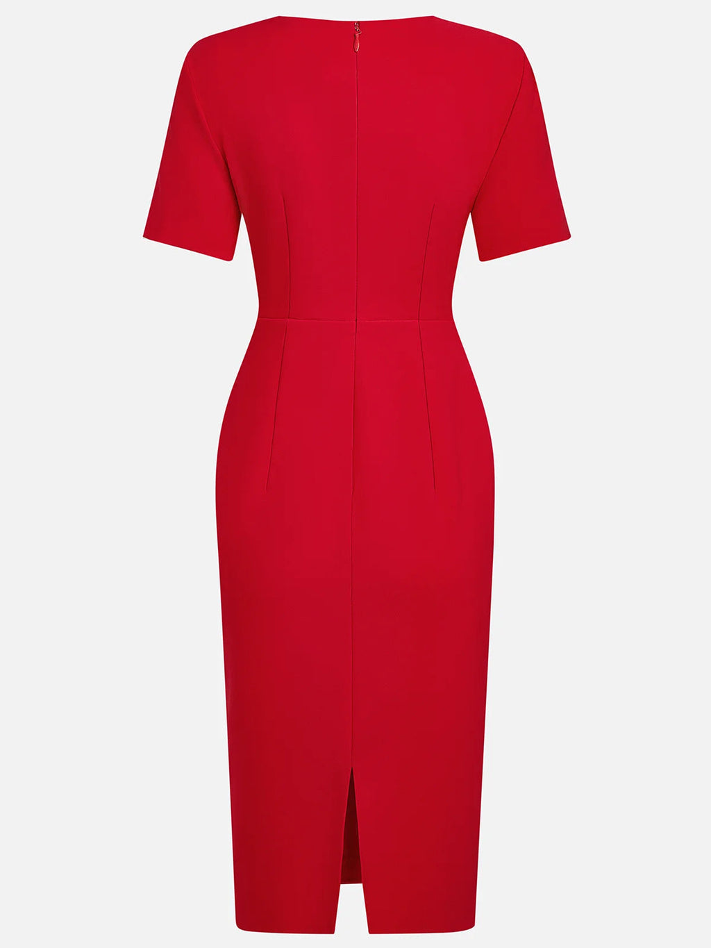Vestido rojo de corte columna de crepé elástico con escote redondo y mangas cortas, largo hasta la media pierna