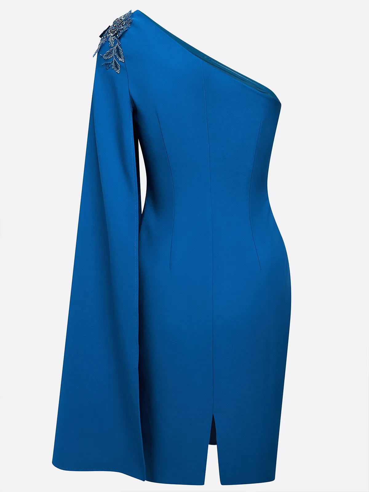Robe midi fourreau classique asymétrique bleue avec appliques et ornements hotfix, une épaule, sans manches