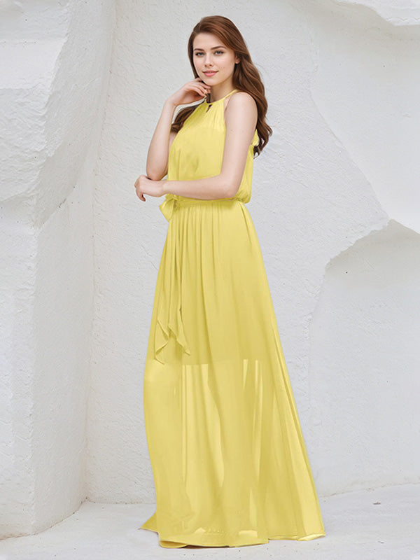 Vestido longo de madrinha amarelo de chiffon em A com decote halter e sem mangas
