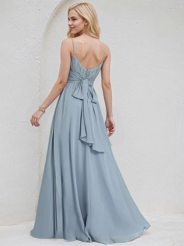 Dusty Blue Chiffon A Line Spaghetti Straps Sleeveless Floor Length Pleated Bridesmaid Dress