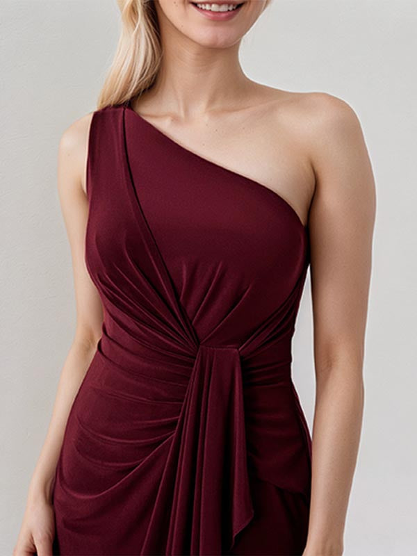 A Line Burgundy Satin One Shoulder Sleeveless Ankle Length Dress