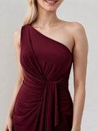 A Line Burgundy Satin One Shoulder Sleeveless Ankle Length Dress