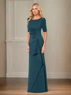 Trumpet/Mermaid Scoop Neck Short Sleeve Floor Length Stretch Crepe Mother of the Bride Dress With Ruffles