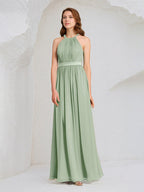 Sage Chiffon A Line Halter Neck Sleeveless Floor Length Bridesmaid Dress