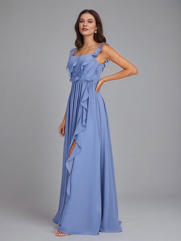 A Line Chiffon Square Neck Floor Length Sleeveless Bridesmaid Dress With Ruffles