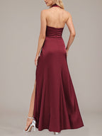 Burgundy Sheath/Column Halter Floor-Length Satin Bridesmaid Dress With Ruched