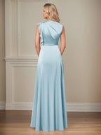 Robes mère de la mariée en satin bleu ciel, ligne A, col montant, sans manches, longueur au sol