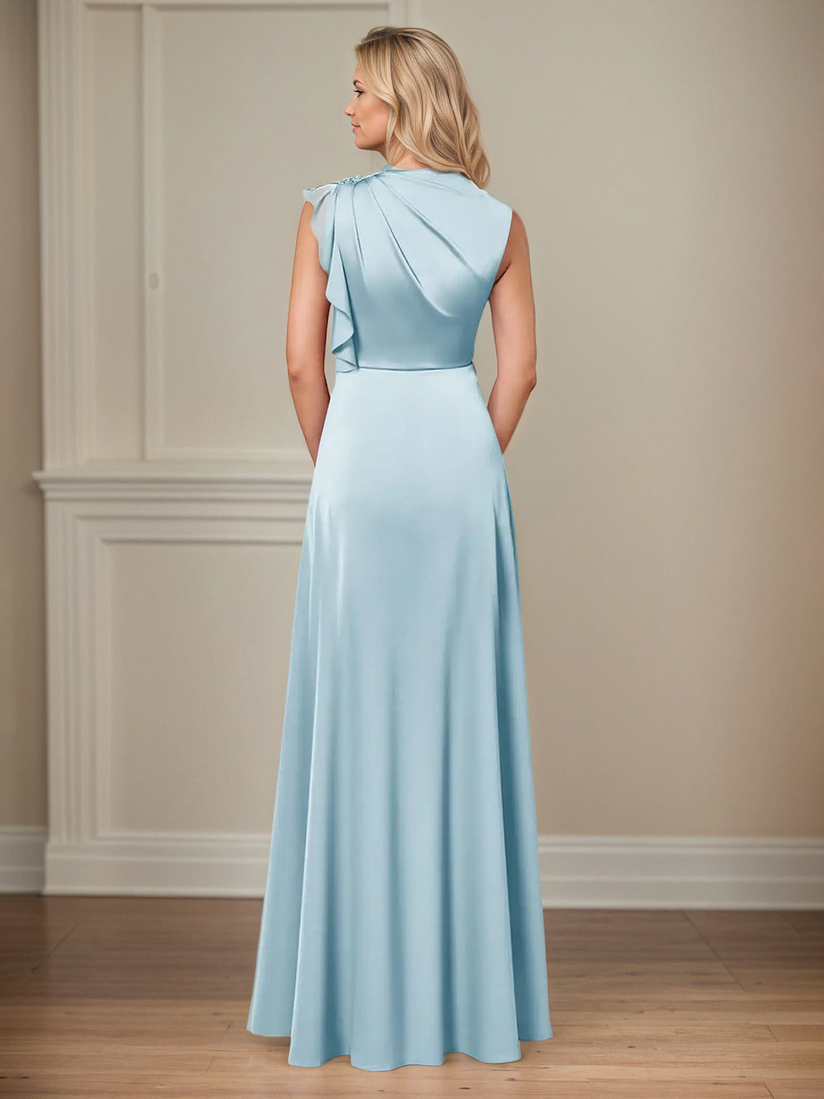 Himmelblaues A-Linien Satin Hochgeschlossener Ärmelloser Bodenlanger Kleid der Brautmutter