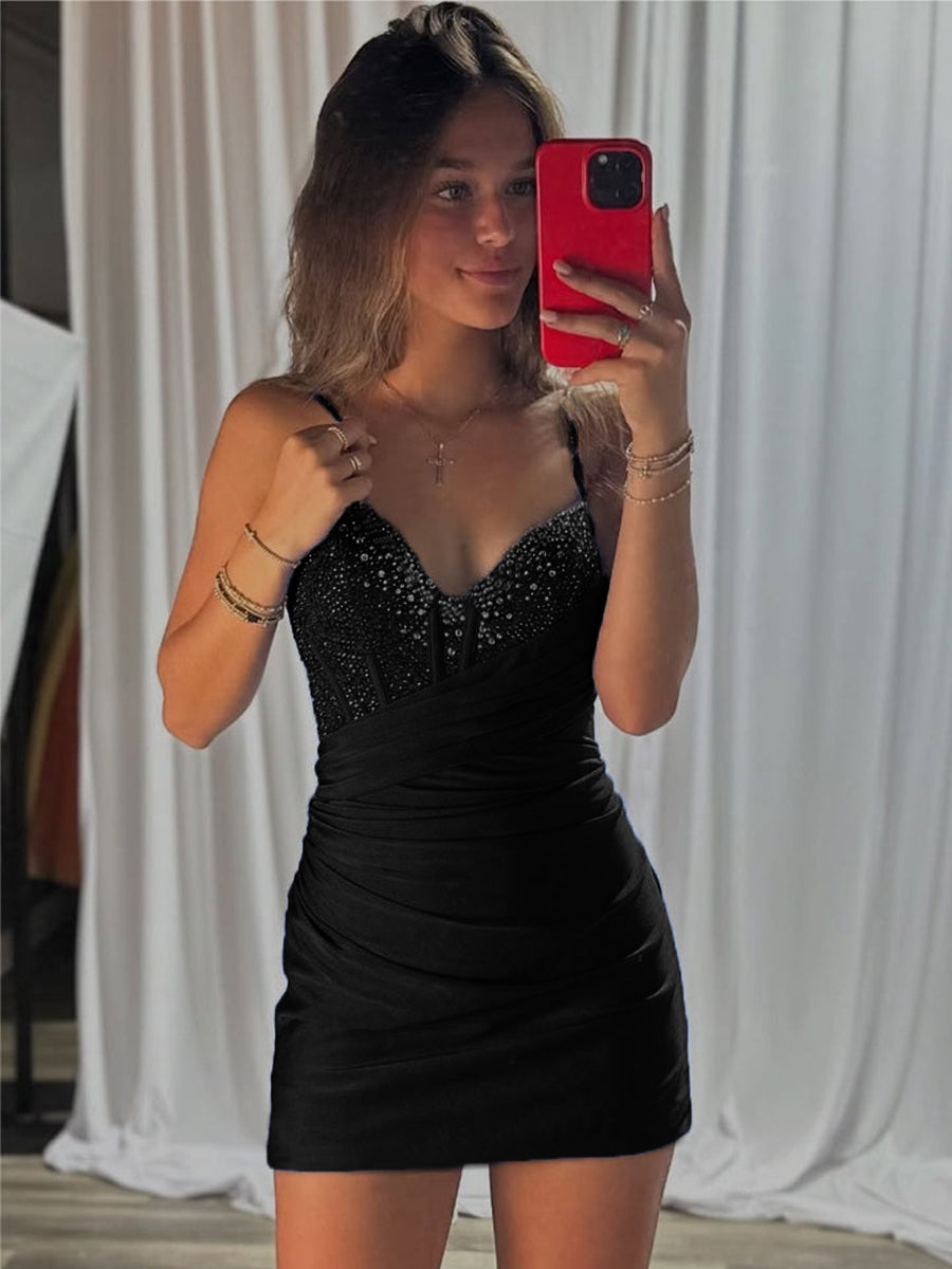 Vestido de fiesta con corsé y cuerpo con cuentas, escote en V