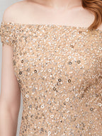 Champagne Chiffon Off the Shoulder Sleeveless Floor Length Dress With Sequins