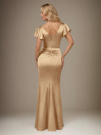 Champagner Trompeten-/Meerjungfrau-Satin V-Ausschnitt Kleid mit kurzen Ärmeln und Schlitz, bodenlang