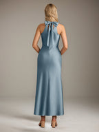 Powder Blue Satin Sheath/Column Halter Neck Sleeveless Ankle Length Bridesmaid Dress