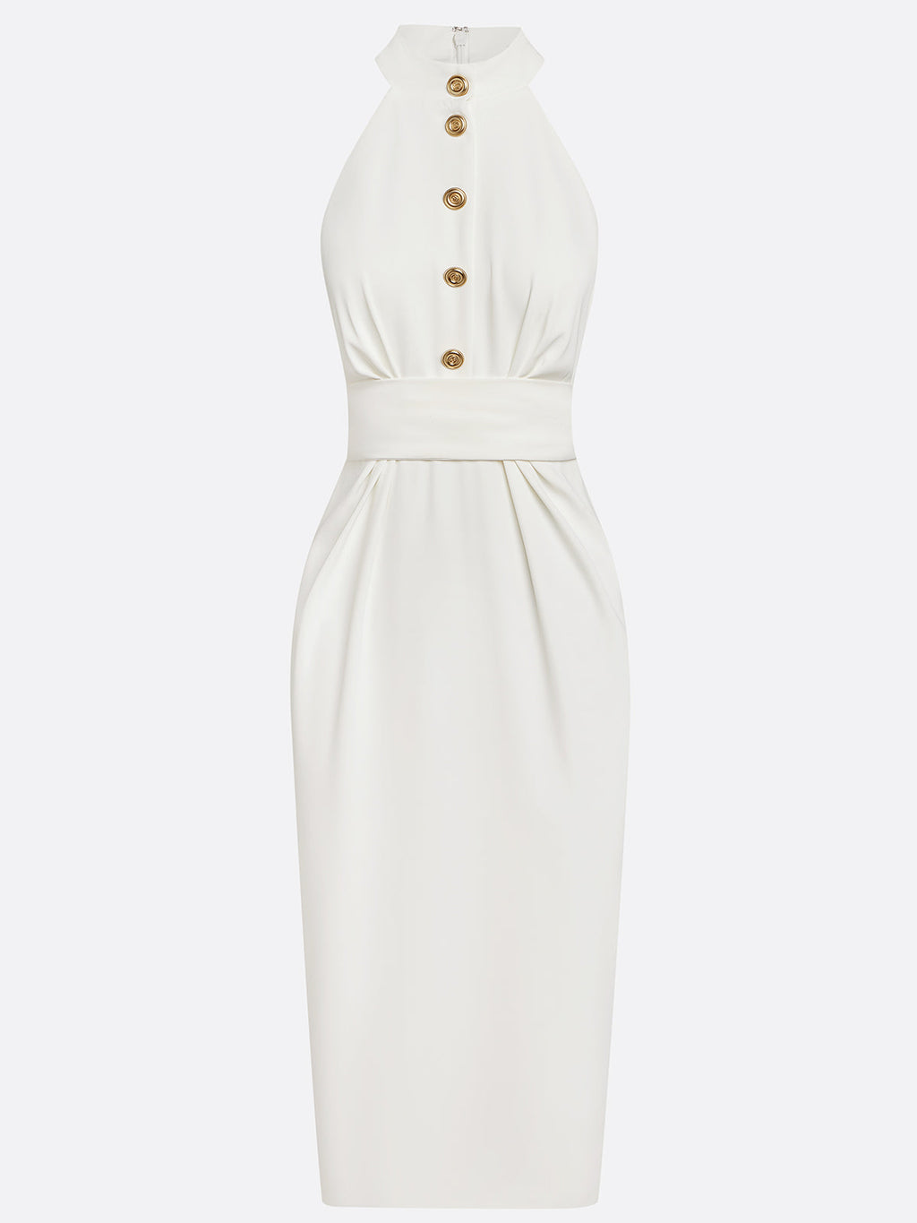 Vestido midi clásico blanco sin mangas con halter fruncido y hebilla
