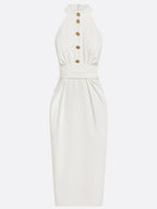 Vestido midi clásico blanco sin mangas con halter fruncido y hebilla