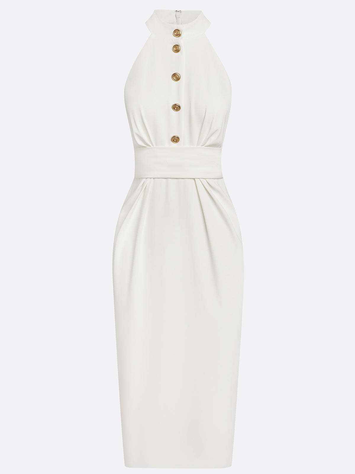 Vestido midi clásico blanco sin mangas con halter fruncido y hebilla