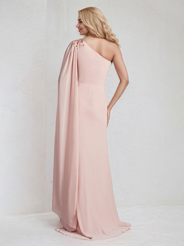 A Line Pink Chiffon One Shoulder Long cape sleeve Floor Length Pleated Dress With Appliques