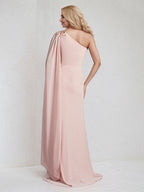 A Line Pink Chiffon One Shoulder Long cape sleeve Floor Length Pleated Dress With Appliques