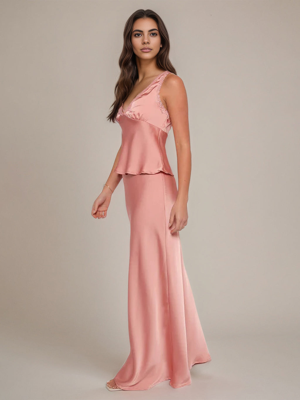 Pink Satin Sheath/Column V Neck Sleeveless Floor Length Bridesmaid Dress