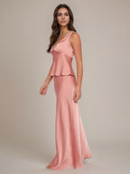 Pink Satin Sheath/Column V Neck Sleeveless Floor Length Bridesmaid Dress