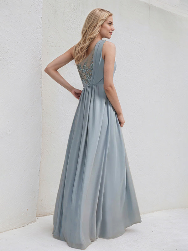 A-Linien Ein-Schulter bodenlanges Spitzen-Chiffon Brautjungfernkleid mit Pailletten