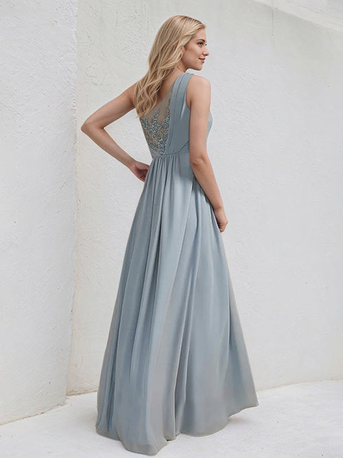 Vestido de dama de honor línea A largo hasta el suelo de encaje y gasa con un solo hombro y lentejuelas