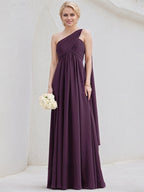 Grape A-Line One Shoulder Floor-Length Chiffon Bridesmaid Dress With Ruffle
