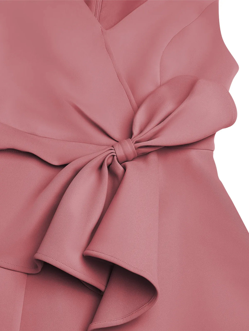 Abito midi rosa a tubino con scollo a V, volant, senza maniche e fiocco