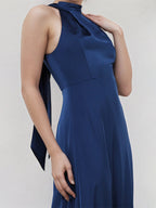A Line Royal Blue Satin Halter Neck Sleeveless Ankle Length Pleated Dress With Bow