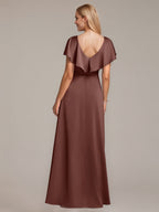 A Line Satin V Neck Short Sleeves Floor Length Dresses With Ruffles