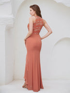 Salmon Chiffon Sheath/Column Halter Neck Sleeveless Asymmetrical Bridesmaid Dress