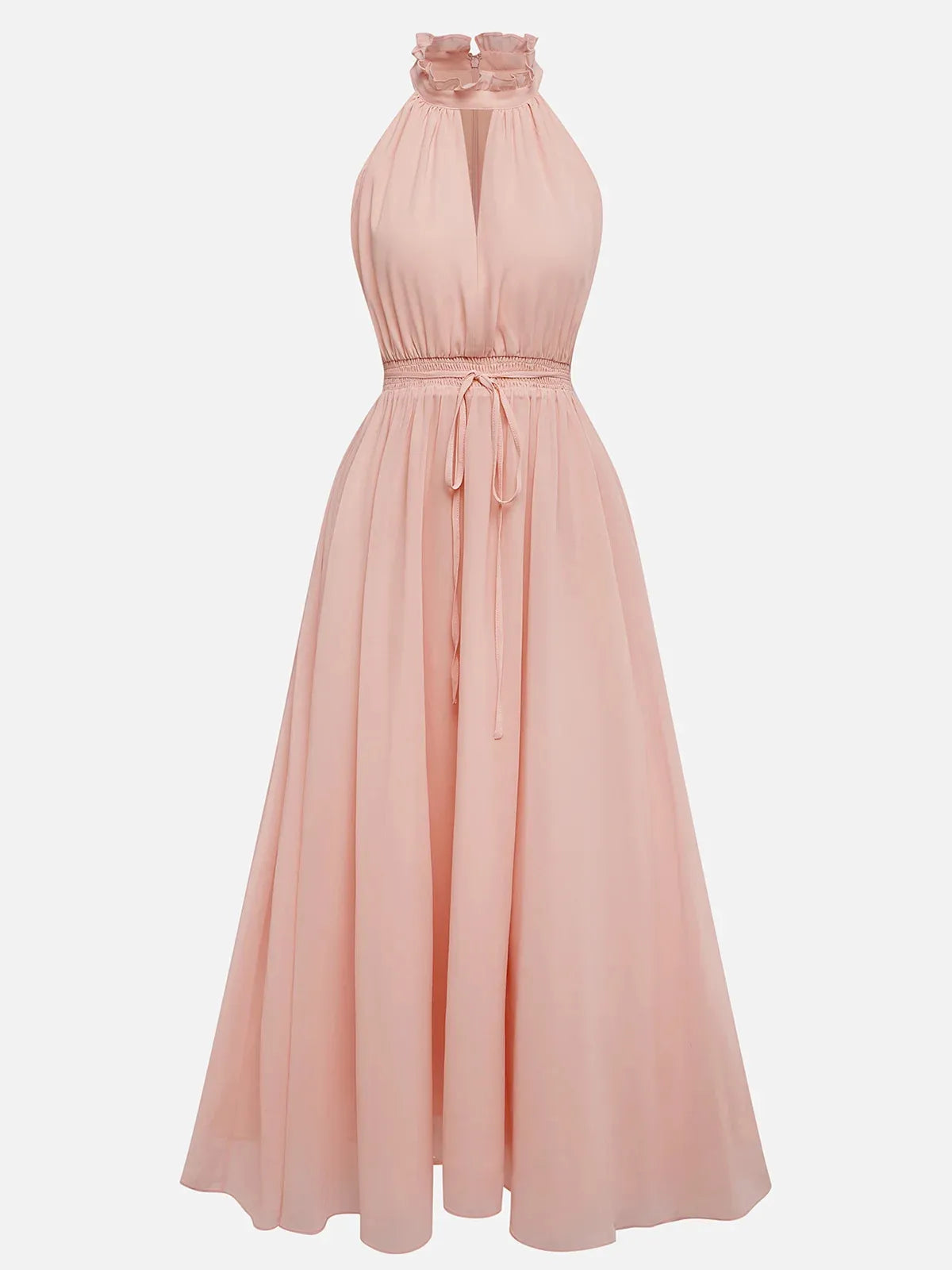 Rosa Chiffon Lotusblattkragen ärmelloses A-Linien Maxikleid