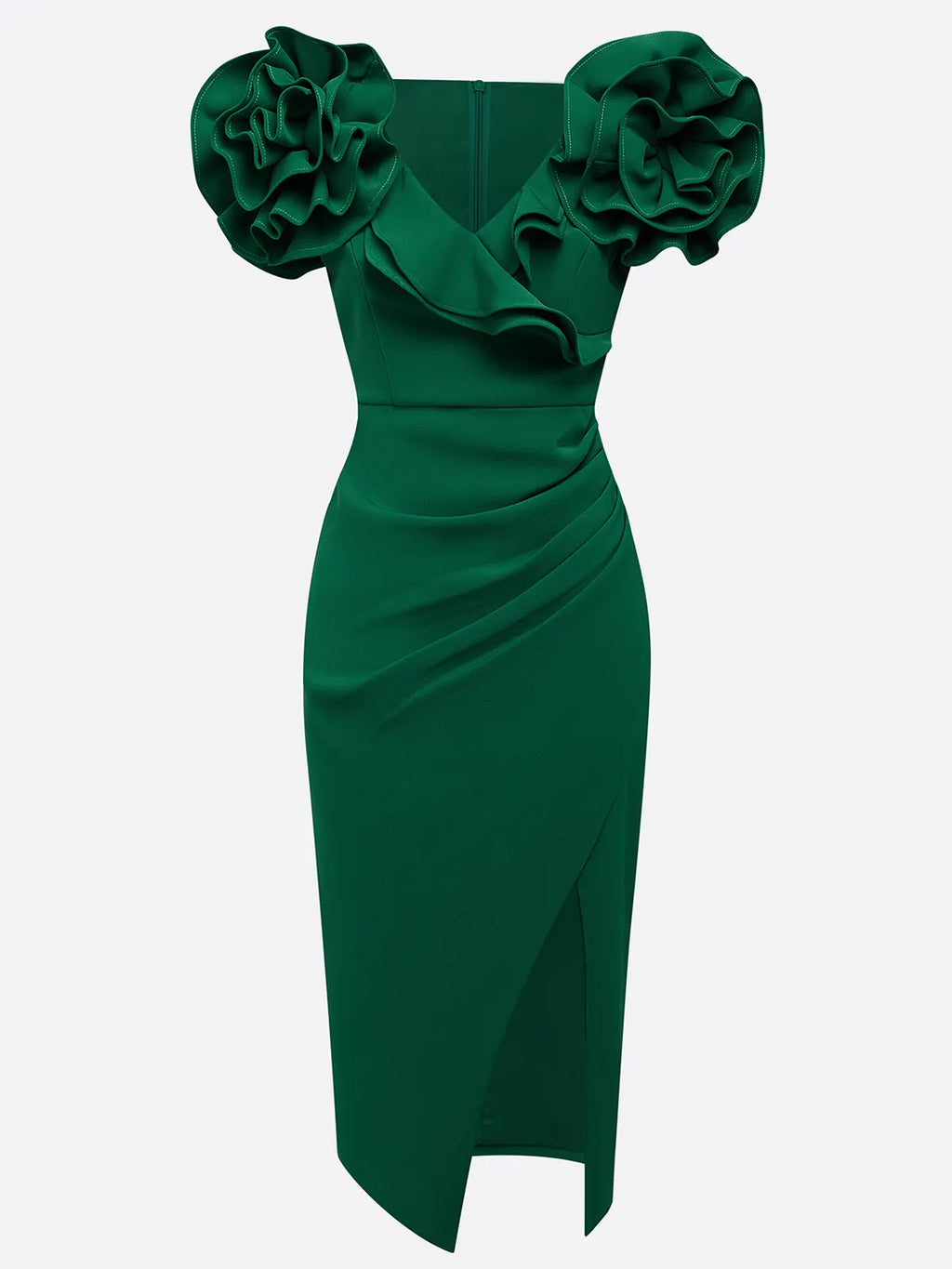 Vestido midi verde con escote en V y fruncido floral 3D ajustado