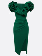 Vestido midi verde con escote en V y fruncido floral 3D ajustado