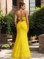 Radiant Daffodil Spaghetti Strap Sequin Gown with High Slit