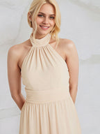 Champagne Chiffon A Line Halter Neck Floor Length Bridesmaid Dress