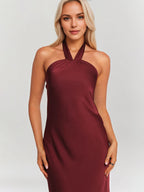 Pflaumenfarbenes Satin-Sheath/Säulen-Kleid mit Neckholder, ärmellos, knöchellang, Brautjungfernkleid