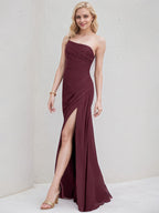 Cabernet Chiffon A Line One Shoulder Sleeveless Floor Length Bridesmaid Dress