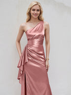 Desert Rose Satin A Line One Shoulder Floor Length Bridesmaid Dress With Ruffle