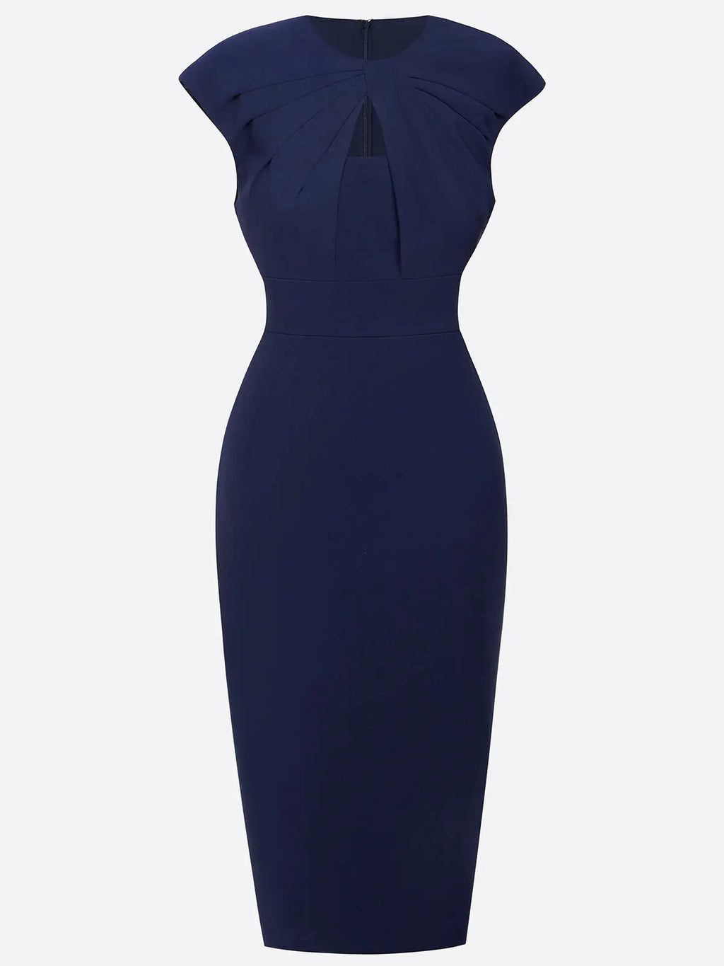 Abito midi aderente senza maniche blu violaceo con scollo rotondo arricciato
