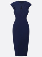 Abito midi aderente senza maniche blu violaceo con scollo rotondo arricciato
