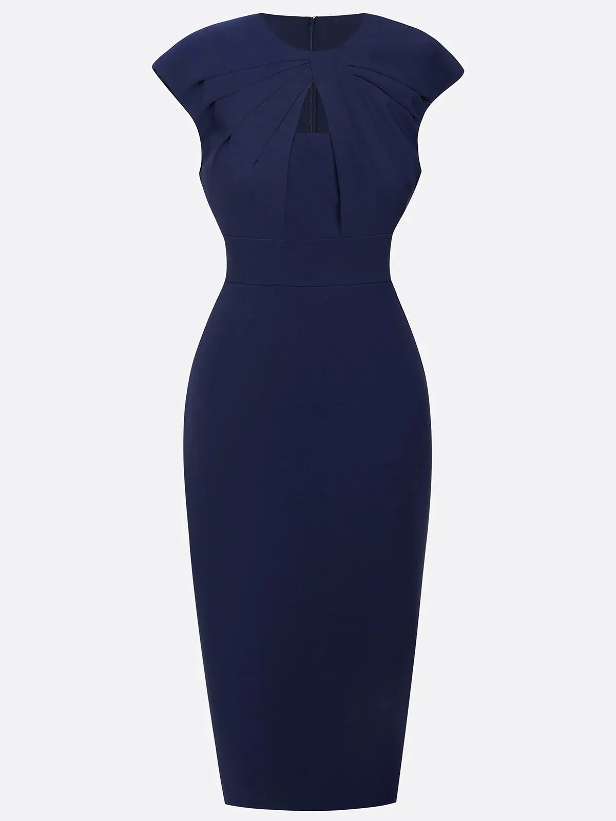 Abito midi aderente senza maniche blu violaceo con scollo rotondo arricciato