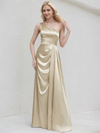 Champagne Satin A Line One Shoulder Sleeveless Floor Length Bridesmaid Dress