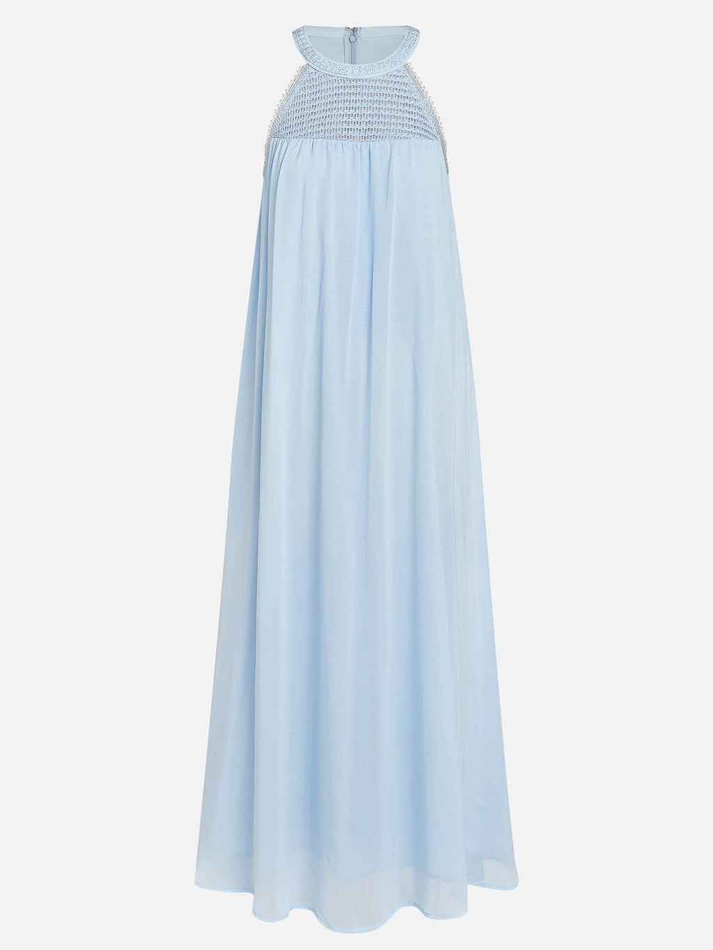 Hellblau geflochtener Träger Perlen Chiffon Neckholder Ärmelloses A-Linien Maxikleid