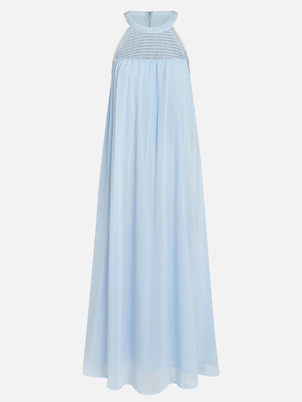 Hellblau geflochtener Träger Perlen Chiffon Neckholder Ärmelloses A-Linien Maxikleid