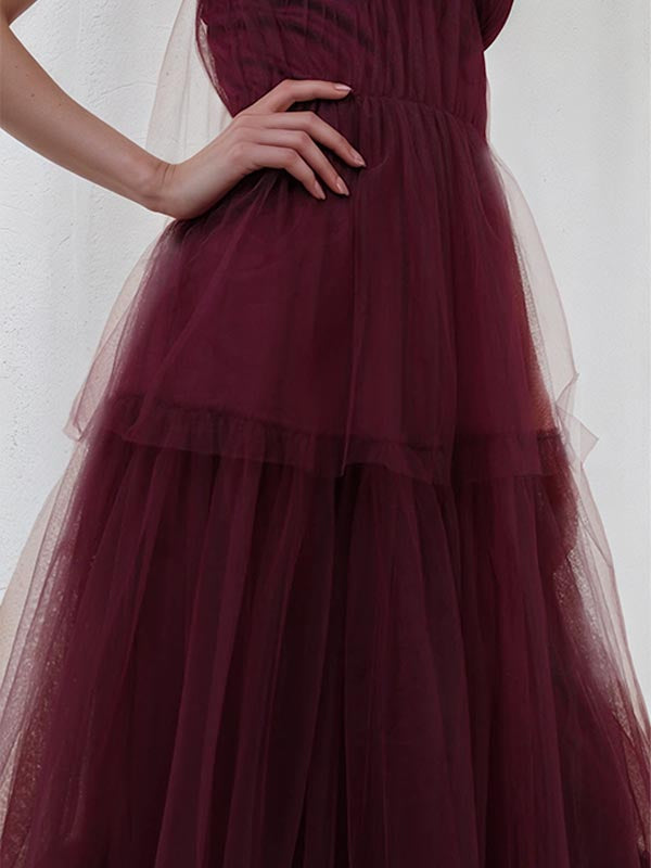 A Line Burgundy Tulle Spaghetti Straps Sleeveless Floor Length Dress
