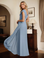 A Line Dusty Blue V Neck Short Sleeves Floor Length Dress With Sequins