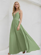 Vestido de Dama de Honra em Chiffon Basil Corte A com Decote em V, Comprimento Longo e Bordados