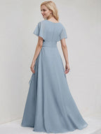 Dusty Blue Chiffon A Line V Neck Ruffle Sleeves Floor Length Bridesmaid Dress